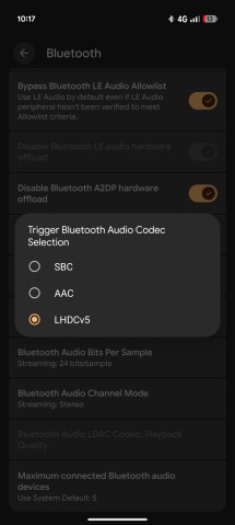 Checking and enabling LHDC v5 on a Pixel phone with Android 17