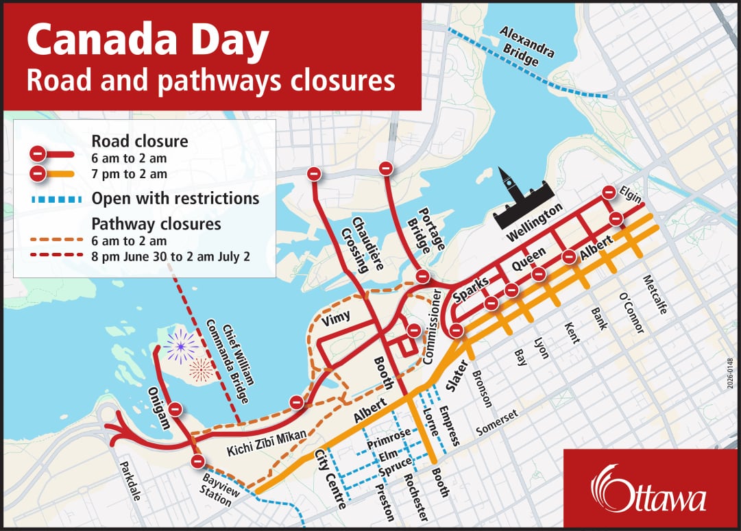 A map of road and pathway closures near the Ottawa River and LeBreton Flats on Canada Day 2026.