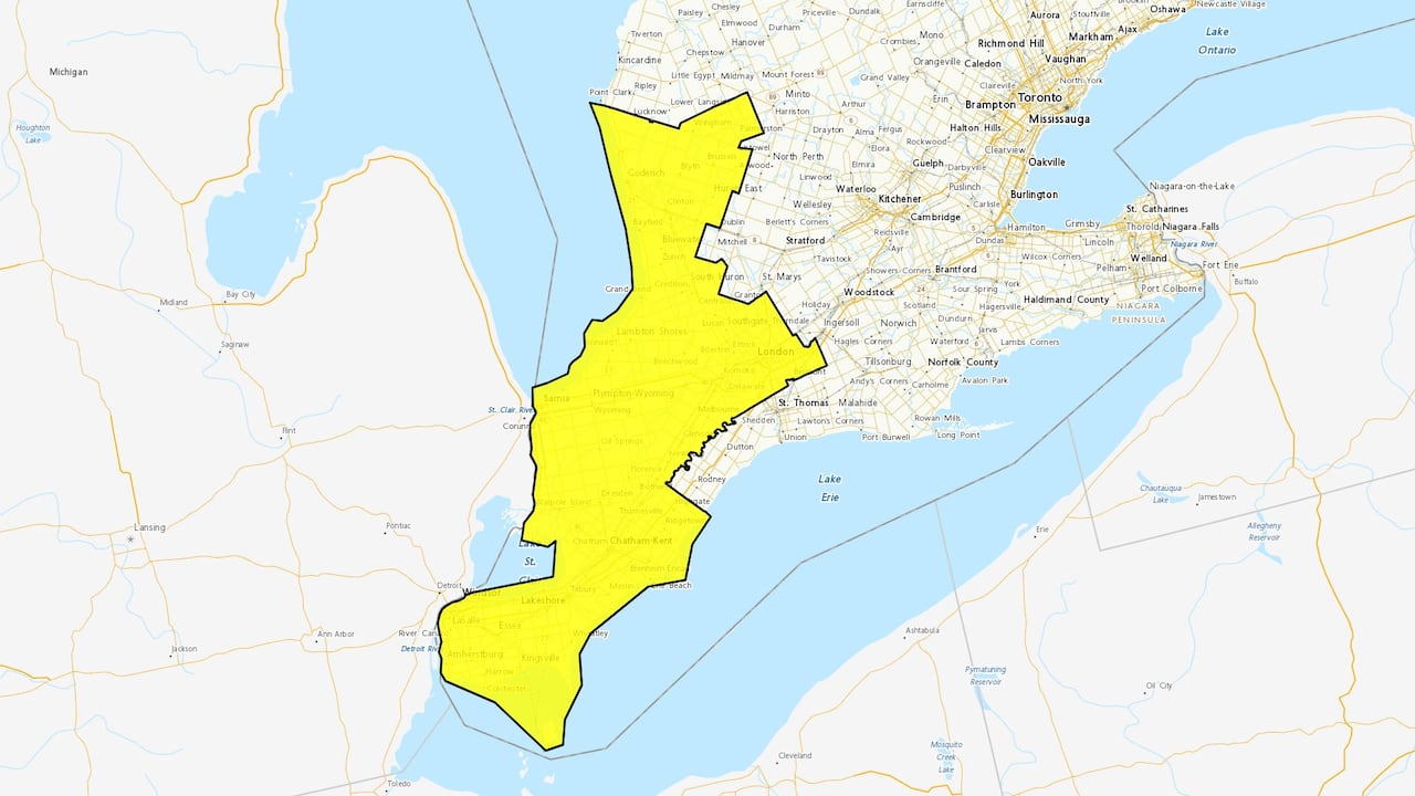 A map of Ontario with a yellow alert covering most of the southwest region.