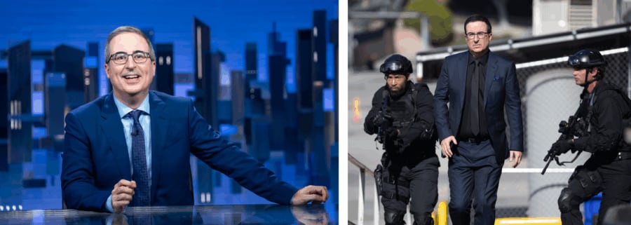 A side by side picture of John Oliver sitting at his late night desk and John Oliver in his dream role in General Hospital
