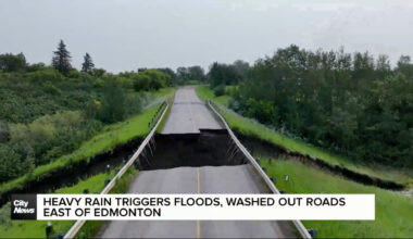 Heavy rain triggers flooding in Sherwood Park, washes out road east of Edmonton