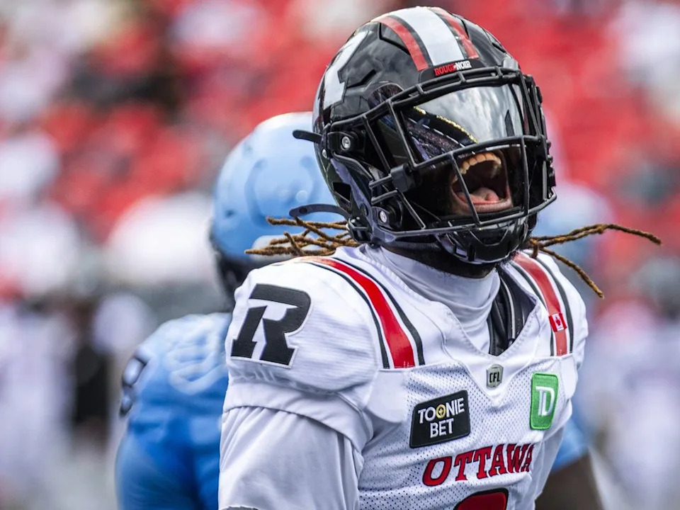 The Redblacks’ CJ Reavis reacts during the first half of the game against the Argonauts on Saturday.