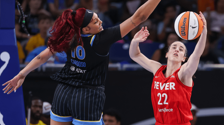 Kamilla Cardoso of the Chicago Sky and Caitlin Clark of the Indiana Fever