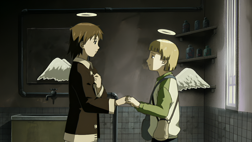 Two young haibane or angel-like girls share a sweet moment in Haibane Renmei