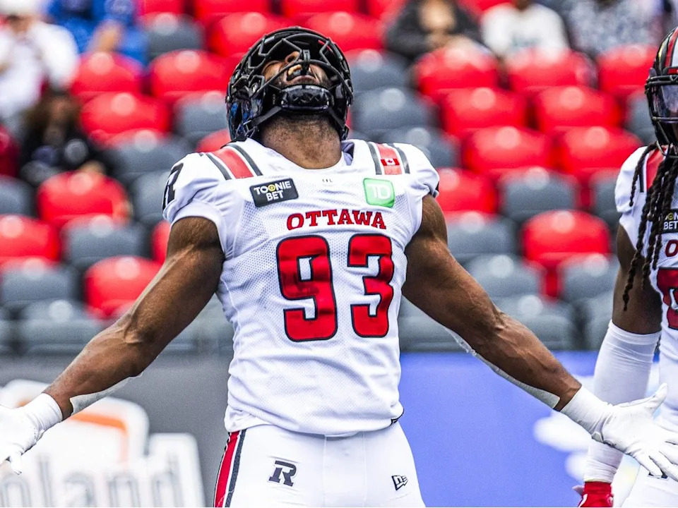 Redblacks defensive lineman Aidan John reacts during the first half of the game against the Argonauts.