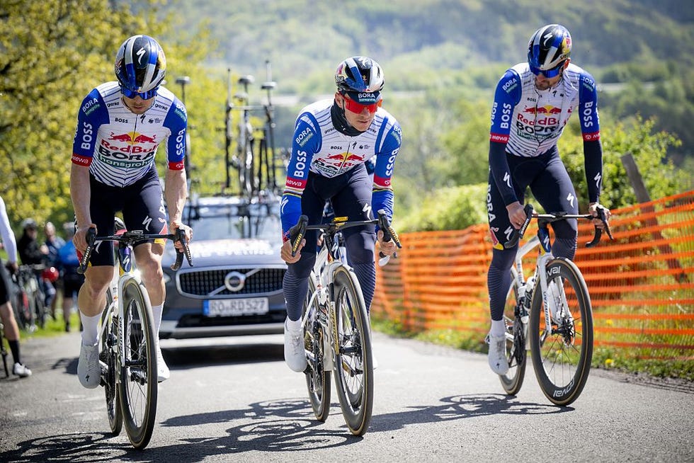 red bull borahansgrohes belgian rider remco evenepoel cycles during a track reconnaissance session, ahead of the liegebastogneliege one day cycling race, near liege on april 24, 2026 photo by jasper jacobs  belga  afp via getty images  belgium out
