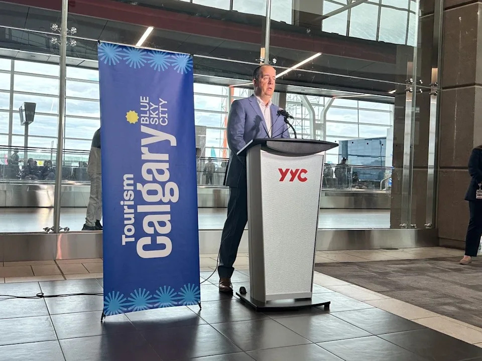 Calgary Airports COO Chris Miles speaks during a press conference at the Calgary International Airport on Wednesday, June 17, 2026.
