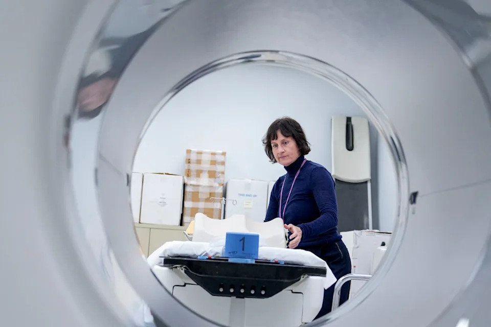 Centre for Addiction and Mental Health researcher Isabelle Boileau, seen from the inside of an MRI machine.