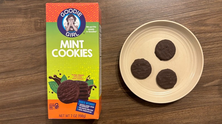 Goodie Girl Mint Cookies box and gluten-free cookies on brown plate