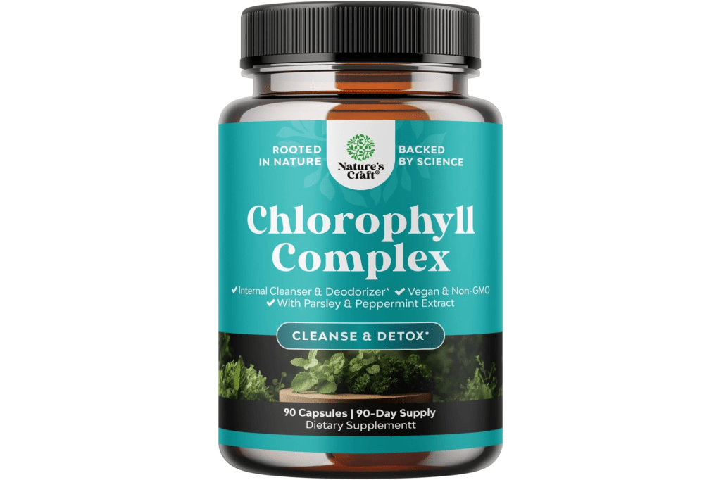 Nature's Craft Chlorophyll Complex bottle, an internal cleanser and deodorizer with parsley and peppermint extract, 90 capsules.