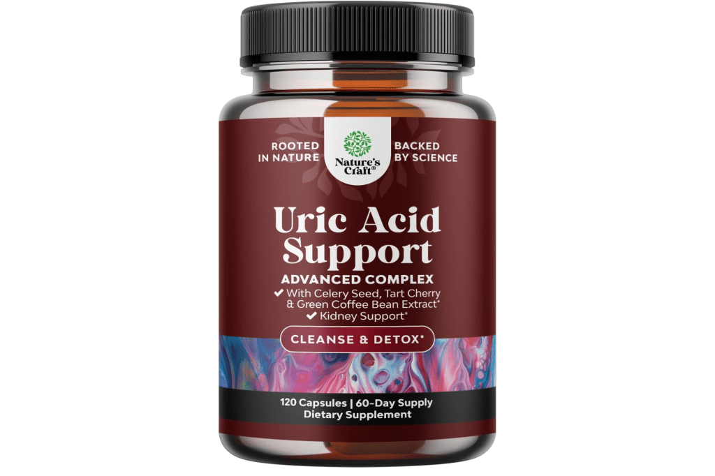 Nature's Craft Uric Acid Support supplement bottle with a red label.