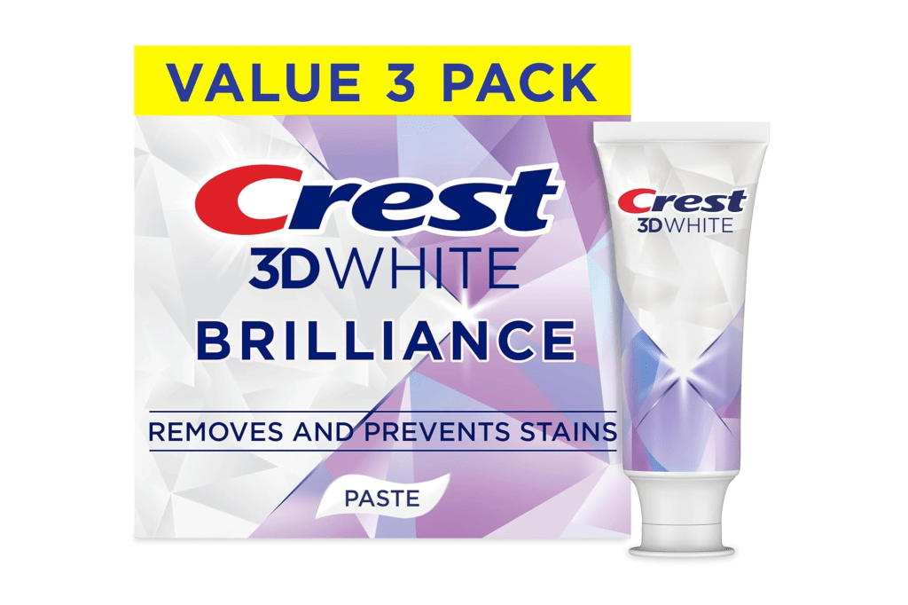 Crest 3D White Brilliance toothpaste "Value 3 Pack" box and tube.