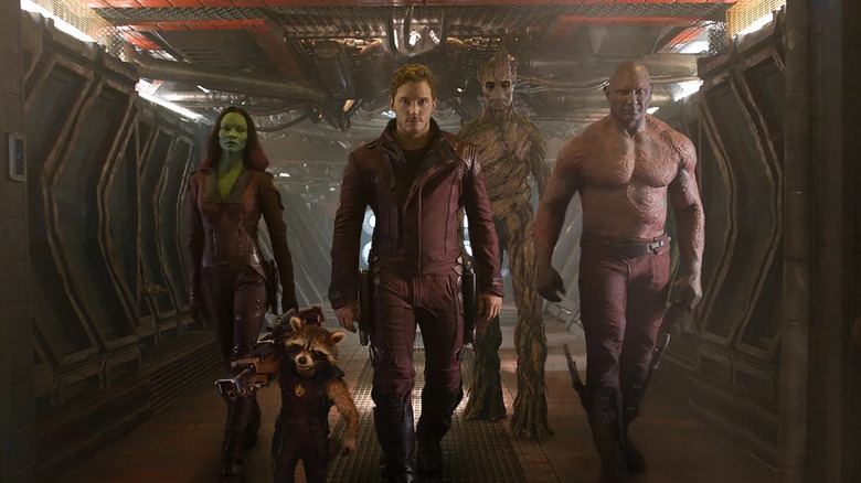 The Guardians march down the hallway of the Kyln in Guardians of the Galaxy.