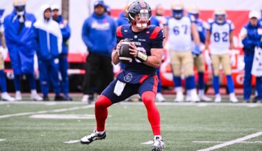 Nov 1, 2025; Montreal, Quebec, Canada; Montreal Alouettes quarterback Davis Alexander (10) gets ready to pass the ball against the Winnipeg Blue Bombers during the first quarter at Percival-Molson stadium.