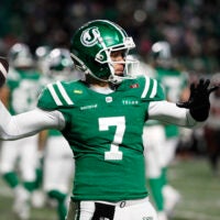 Nov 8, 2025; Regina, Saskatchewan, Canada; Saskatchewan Roughriders quarterback Trevor Harris (7) looks to make a pass during the first half of the CFL Western Conference Final against the BC Lions at Mosaic Stadium.