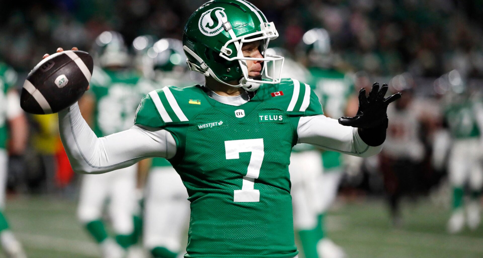 Nov 8, 2025; Regina, Saskatchewan, Canada; Saskatchewan Roughriders quarterback Trevor Harris (7) looks to make a pass during the first half of the CFL Western Conference Final against the BC Lions at Mosaic Stadium.