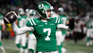 Nov 8, 2025; Regina, Saskatchewan, Canada; Saskatchewan Roughriders quarterback Trevor Harris (7) looks to make a pass during the first half of the CFL Western Conference Final against the BC Lions at Mosaic Stadium.