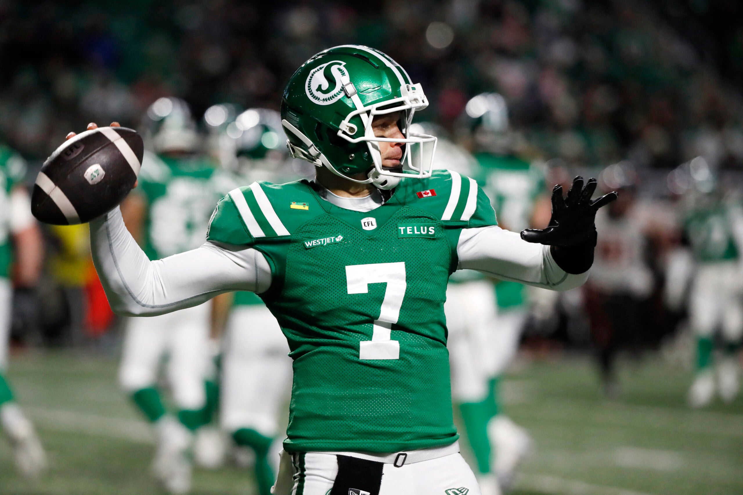 Nov 8, 2025; Regina, Saskatchewan, Canada; Saskatchewan Roughriders quarterback Trevor Harris (7) looks to make a pass during the first half of the CFL Western Conference Final against the BC Lions at Mosaic Stadium.
