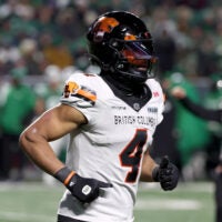 Nov 8, 2025; Regina, Saskatchewan, Canada; BC Lions wide receiver Keon Hatcher (4) runs off the field after his touchdown with teammates during the second half of the CFL Western Conference Final between the BC Lions and the Saskatchewan Roughriders at Mosaic Stadium.