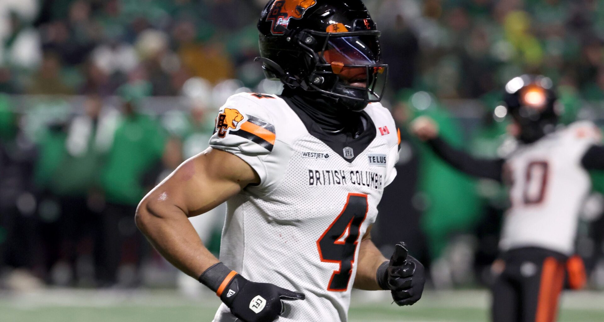 Nov 8, 2025; Regina, Saskatchewan, Canada; BC Lions wide receiver Keon Hatcher (4) runs off the field after his touchdown with teammates during the second half of the CFL Western Conference Final between the BC Lions and the Saskatchewan Roughriders at Mosaic Stadium.