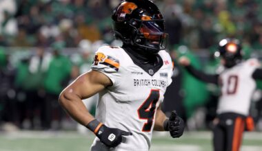 Nov 8, 2025; Regina, Saskatchewan, Canada; BC Lions wide receiver Keon Hatcher (4) runs off the field after his touchdown with teammates during the second half of the CFL Western Conference Final between the BC Lions and the Saskatchewan Roughriders at Mosaic Stadium.