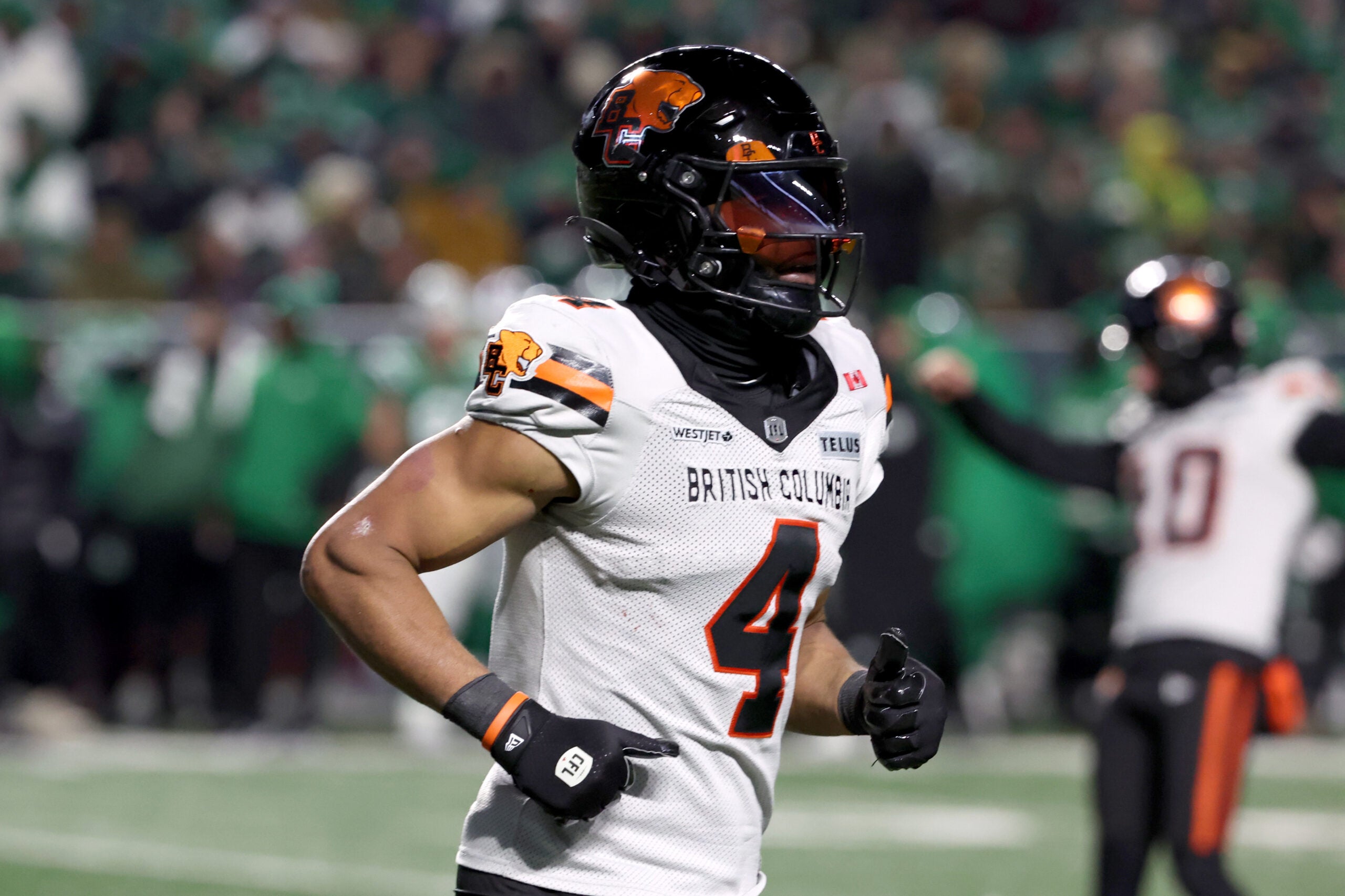Nov 8, 2025; Regina, Saskatchewan, Canada; BC Lions wide receiver Keon Hatcher (4) runs off the field after his touchdown with teammates during the second half of the CFL Western Conference Final between the BC Lions and the Saskatchewan Roughriders at Mosaic Stadium.