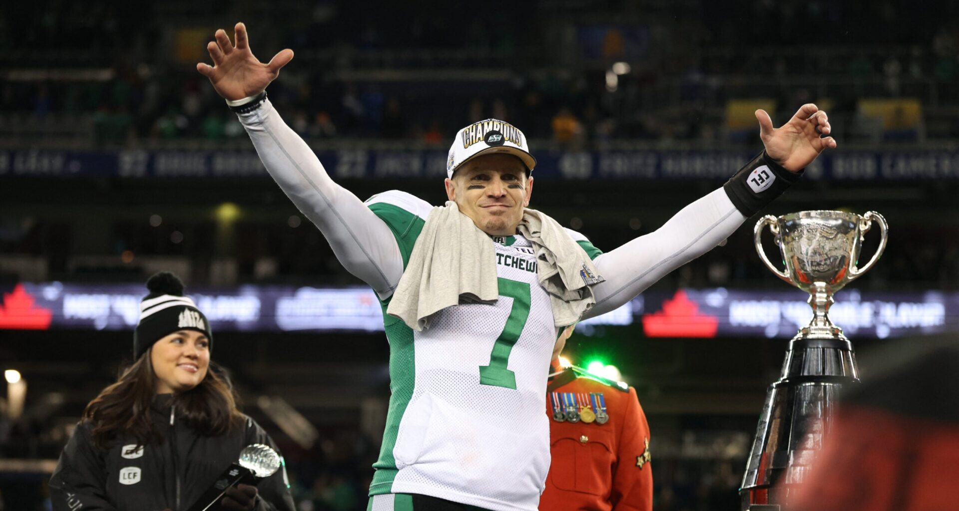 Nov 16, 2025; Winnipeg, Manitoba, Canada; Saskatchewan Roughriders quarterback Trevor Harris (7) is awarded the most valuable player award after the win against the Montreal Alouettes during the 112th Grey Cup Championship at Princess Auto Stadium.