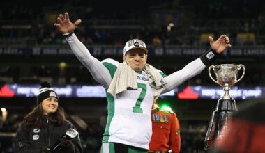 Nov 16, 2025; Winnipeg, Manitoba, Canada; Saskatchewan Roughriders quarterback Trevor Harris (7) is awarded the most valuable player award after the win against the Montreal Alouettes during the 112th Grey Cup Championship at Princess Auto Stadium.