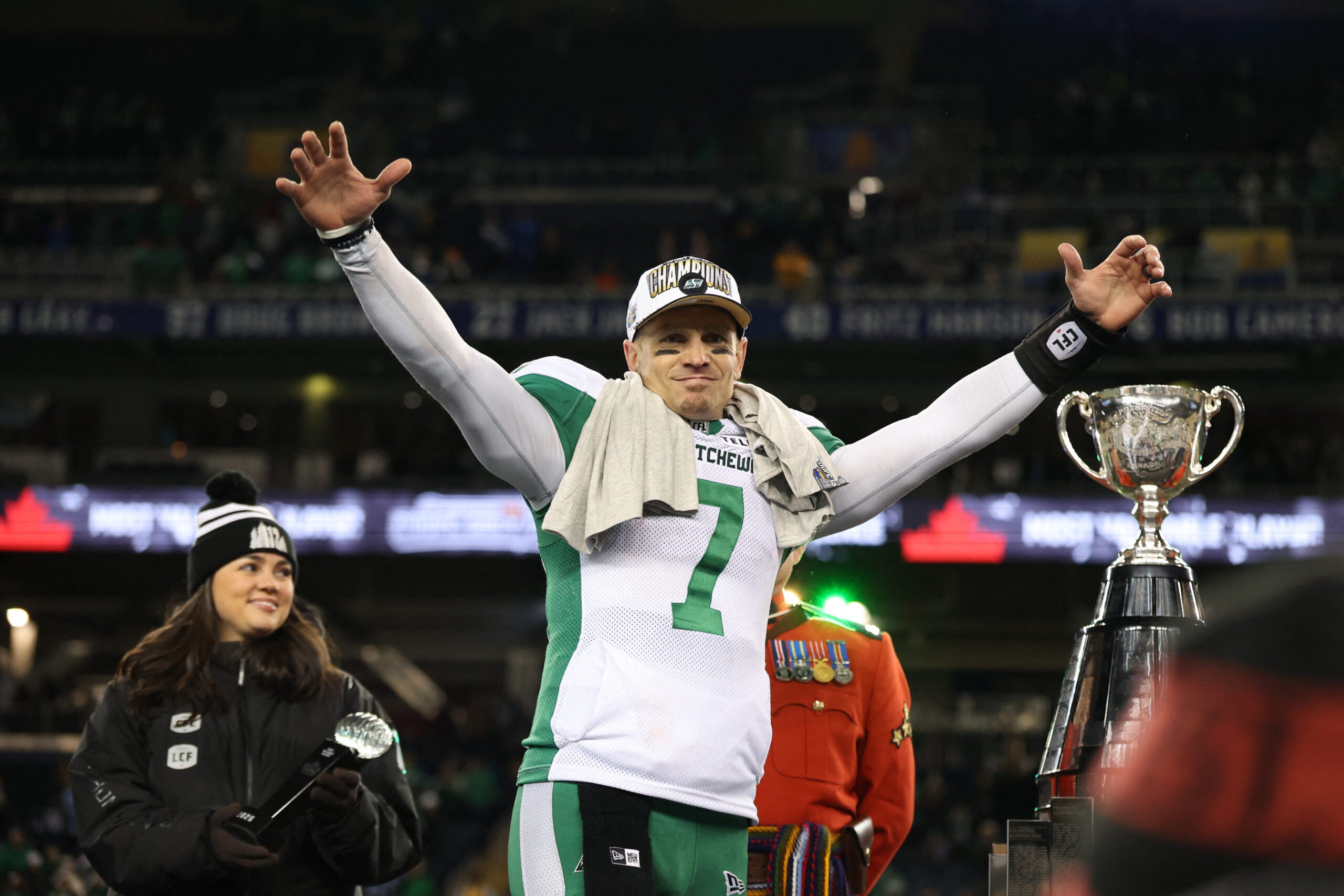 Nov 16, 2025; Winnipeg, Manitoba, Canada; Saskatchewan Roughriders quarterback Trevor Harris (7) is awarded the most valuable player award after the win against the Montreal Alouettes during the 112th Grey Cup Championship at Princess Auto Stadium.