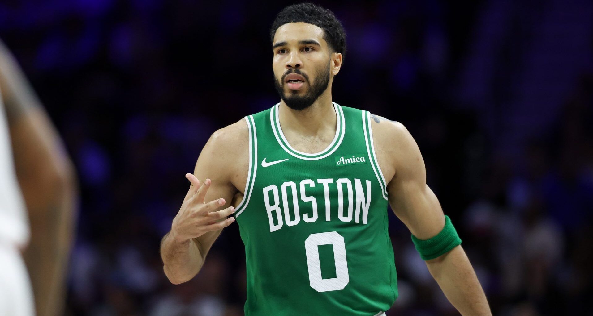 Apr 30, 2026; Philadelphia, Pennsylvania, USA; Boston Celtics forward Jayson Tatum (0) reacts to his score against the Philadelphia 76ers during the second quarter at Xfinity Mobile Arena