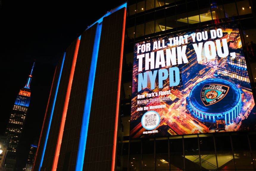 Madison Square Garden shows a message of appreciation for the New York Police Department outside the arena on Thursday.