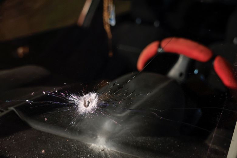 A bullet hole in the front window of a car of Palestinian father Fahed Abu Haykal after his seven-month-old baby was killed by Israeli forces, in Hebron in the Israeli-occupied West Bank, June 5, 2026.