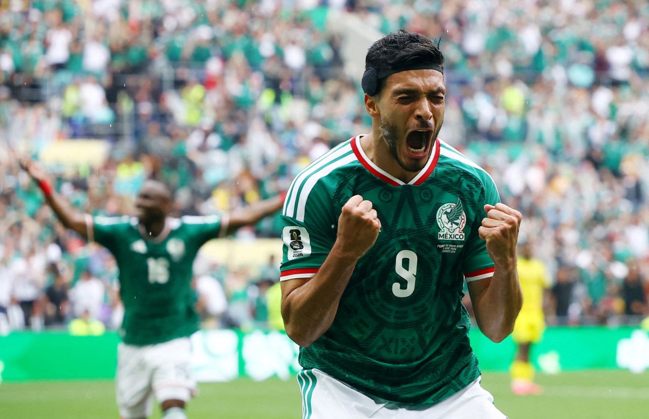 An emotional Raúl Jiménez celebrates his goal that put Mexico up 2-0 in the second half.