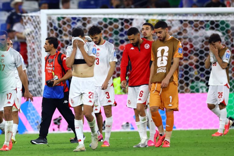Soccer Football - FIFA World Cup 2026 - Group F - Tunisia v Japan - Estadio Monterrey, Monterrey, Mexico - June 20, 2026 Tunisia's Mohamed Amine Ben Hamida, Tunisia's Montassar Talbi, Tunisia's Dylan Bronn and Tunisia's Mouhib Chamakh look dejected after the match REUTERS/Daniel Becerril