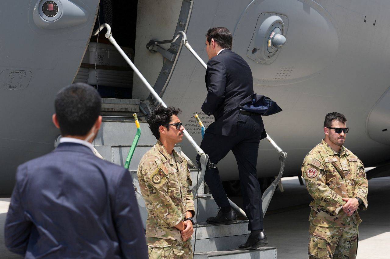 US Secretary of State Marco Rubio boards a U.S. Air Force C-17 Globemaster III transport aircraft, en route to Kuwait, at al-Bateen Executive Airport in Abu Dhabi, United Arab Emirates, on June 24.