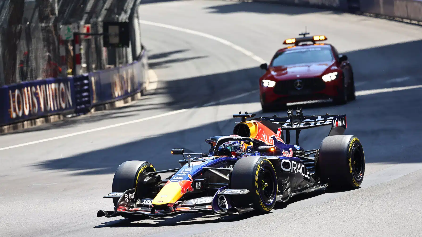 Max Verstappen (Red Bull-Ford) in front of medical car in the first corner after the start of the 2026 Monaco Grand Prix