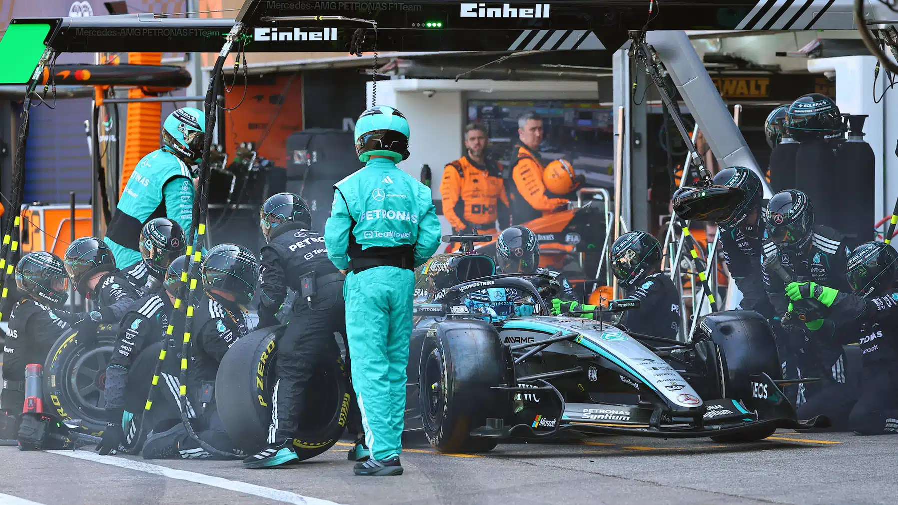 George Russell (Mercedes) pit stop during the 2026 Monaco Grand Prix