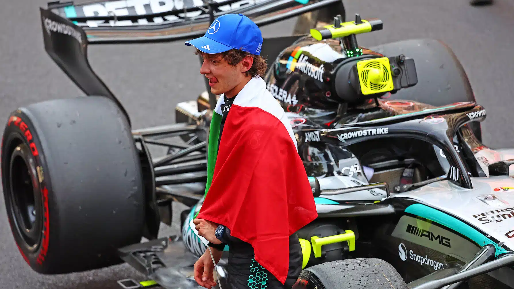 Kimi Antonelli (Mercedes) with Italian flag after the 2026 Monaco Grand Prix