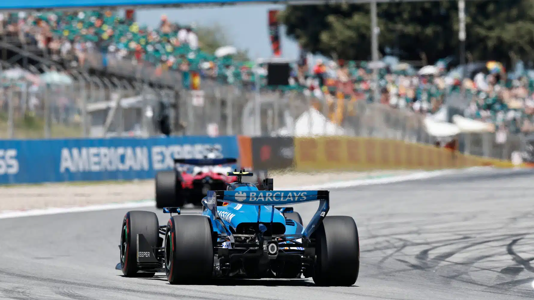 Carlos Sainz Jr (Williams-Mercedes) behind Charles Leclerc (Ferrari) during practice for the 2026 Catalunya Grand Prix