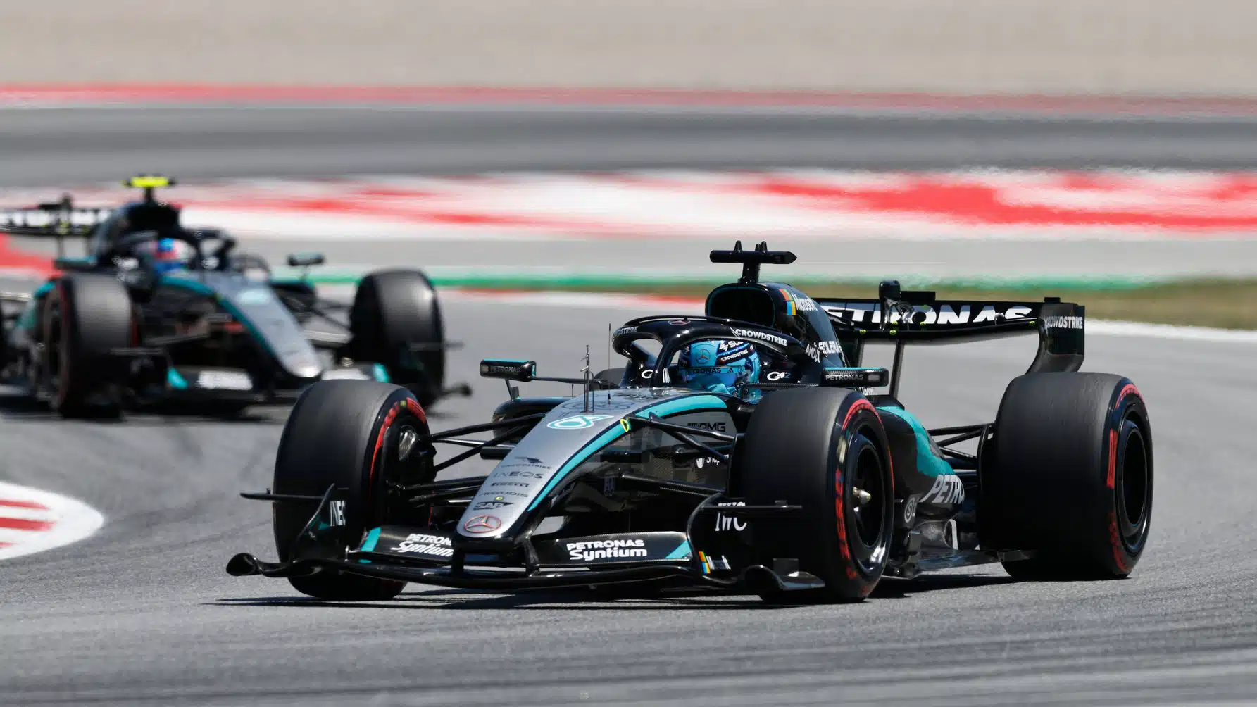 George Russell in front of Mercedes teammate Kimi Antonelli during practice for the 2026 Catalunya Grand Prix