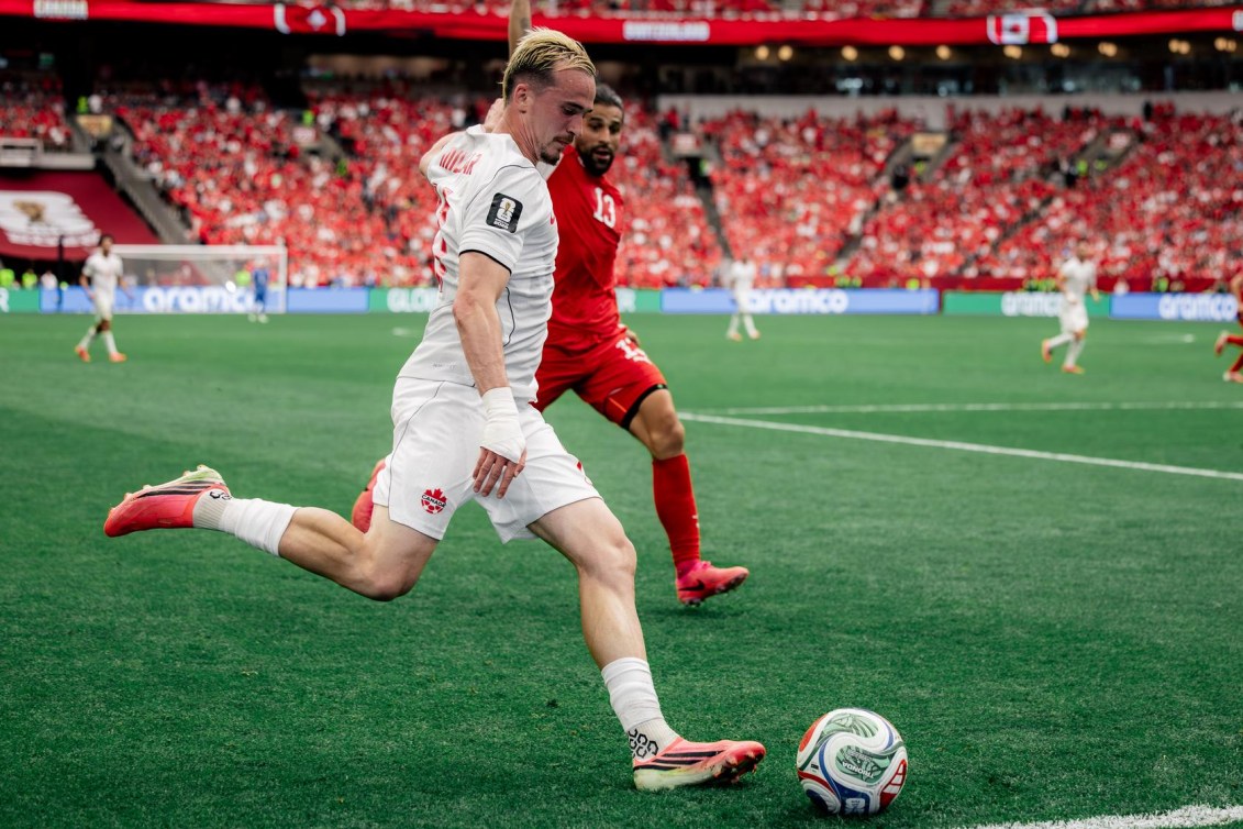 Canada's Liam Millar prepares to cross the ball against Switzerland at Vancouver's BC Place on Wednesday.