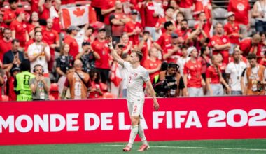 Canada defender Alistair Johnston waves to the crowd at BC Place in Vancouver