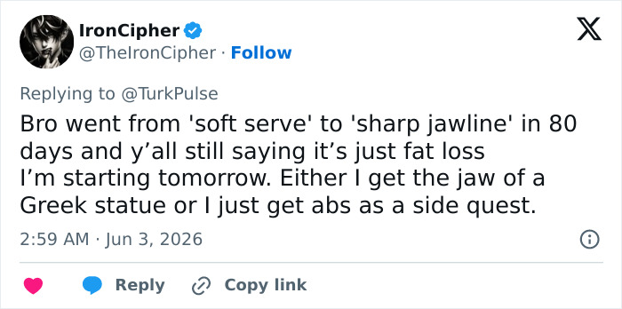 Tweet praising dramatic jawline transformation after daily jaw exercises Tweet praising dramatic jawline transformation after daily jaw exercises