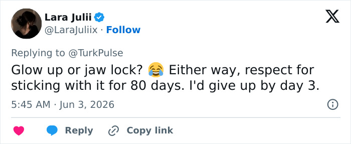 User joking about jaw lock and respecting 80-day jaw exercise commitment User joking about jaw lock and respecting 80-day jaw exercise commitment