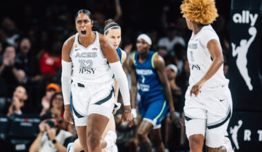 Aces forward Cheyenne Parker-Tyus (32) celebrates a shot during a WNBA basketball game against ...