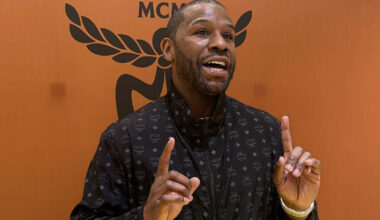 Floyd Mayweather speaks to media on Saturday, March 28, 2026, at the MCM retail store inside th ...