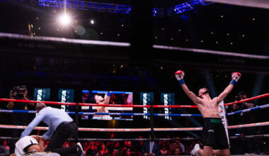 Jose Valenzuela celebrates after knocking out Edwin De Los Santos in the second round during th ...