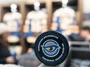A souvenir puck sits on the shelves in the team store prior to a game between the Seattle Torrent and the Vancouver Goldeneyes in PWHL action at Pacific Coliseum.