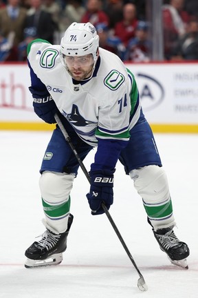 Jake DeBrusk of the Vancouver Canucks plays the Colorado Avalanche in the third period at Ball Arena on Dec. 2, 2025, in Denver.