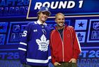 Gavin McKenna and Justin Bieber look on after McKenna was drafted by the Toronto Maple Leafs with the first overall pick during day one of the 2026 NHL Draft in Buffalo.